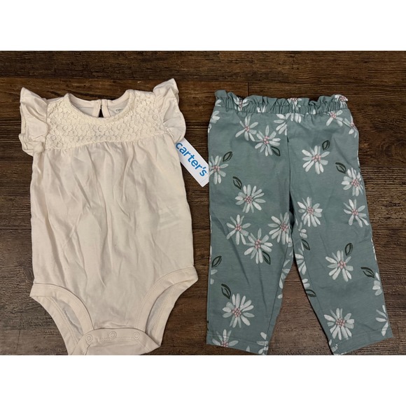 Carters Baby Girl 12M Outfit Set Bodysuit Romper Floral Pants NEW - Picture 1 of 14